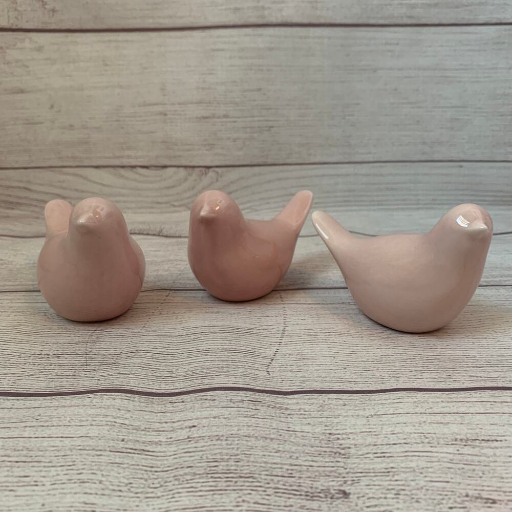 Light Pink Ceramic Bird Figurines Set of 3 Decorative Birds 2 7/8"H